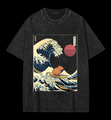 Capybara's Surfing Vibe Vintage Washed 100% Cotton T-Shirt