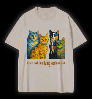 Artistic Cat Charm Vintage Washed 100% Cotton T-Shirt
