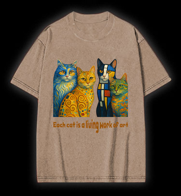 Artistic Cat Charm Vintage Washed 100% Cotton T-Shirt