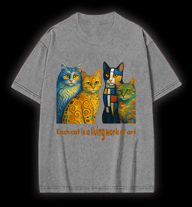 Artistic Cat Charm Vintage Washed 100% Cotton T-Shirt