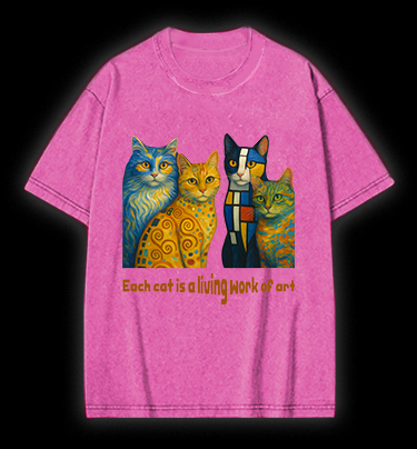 Artistic Cat Charm Vintage Washed 100% Cotton T-Shirt