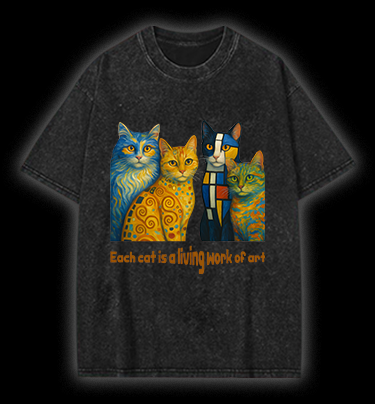Artistic Cat Charm Vintage Washed 100% Cotton T-Shirt