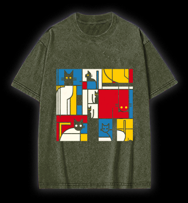 Cat's Mondrian Vibe Vintage Washed 100% Cotton T-Shirt