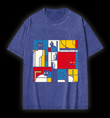Cat's Mondrian Vibe Vintage Washed 100% Cotton T-Shirt