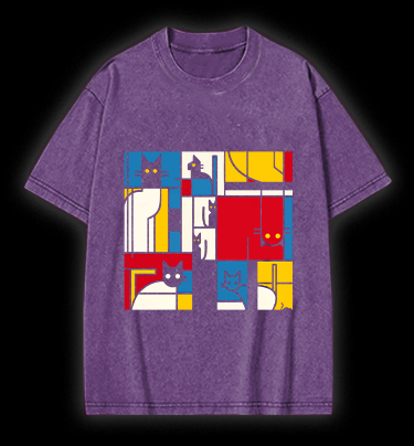 Cat's Mondrian Vibe Vintage Washed 100% Cotton T-Shirt