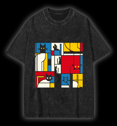 Cat's Mondrian Vibe Vintage Washed 100% Cotton T-Shirt
