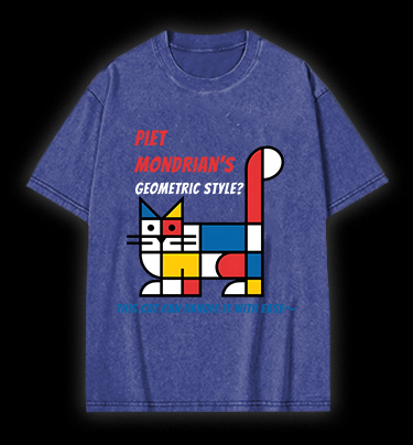 Cat's Mondrian Style Vintage Washed 100% Cotton T-Shirt