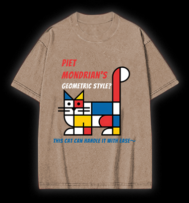 Cat's Mondrian Style Vintage Washed 100% Cotton T-Shirt