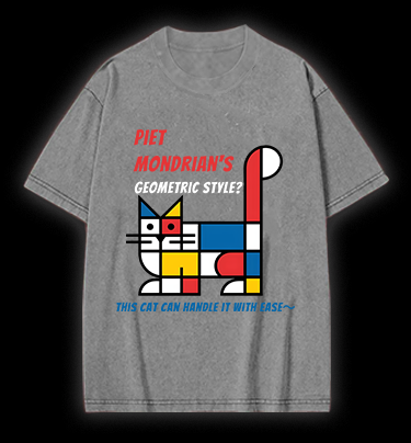 Cat's Mondrian Style Vintage Washed 100% Cotton T-Shirt