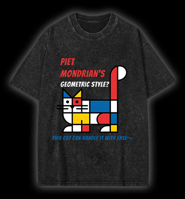 Cat's Mondrian Style Vintage Washed 100% Cotton T-Shirt