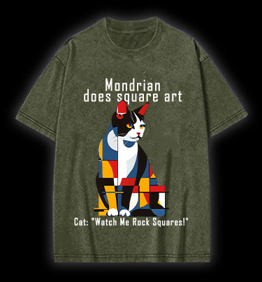 Cat's Mondrian Style Vintage Washed 100% Cotton T-Shirt
