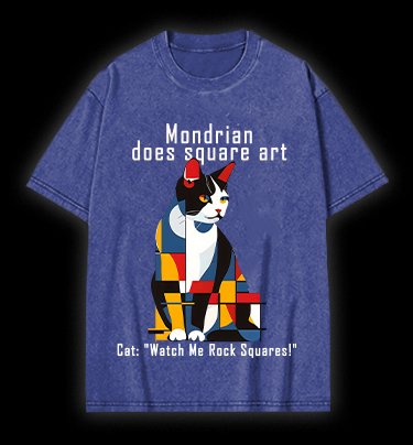 Cat's Mondrian Style Vintage Washed 100% Cotton T-Shirt