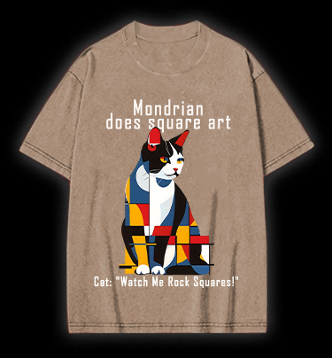 Cat's Mondrian Style Vintage Washed 100% Cotton T-Shirt