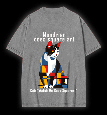 Cat's Mondrian Style Vintage Washed 100% Cotton T-Shirt
