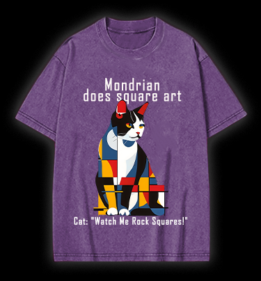 Cat's Mondrian Style Vintage Washed 100% Cotton T-Shirt