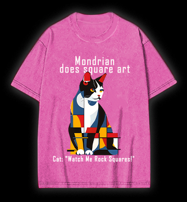 Cat's Mondrian Style Vintage Washed 100% Cotton T-Shirt