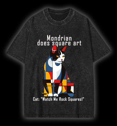 Cat's Mondrian Style Vintage Washed 100% Cotton T-Shirt