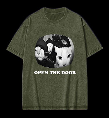 Cats Open Door Fun Vintage Washed 100% Cotton T-Shirt