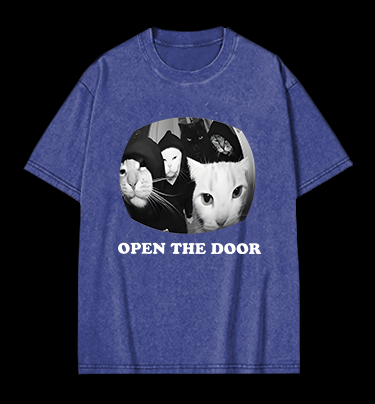 Cats Open Door Fun Vintage Washed 100% Cotton T-Shirt