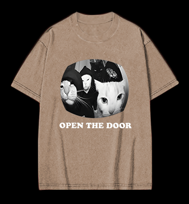 Cats Open Door Fun Vintage Washed 100% Cotton T-Shirt