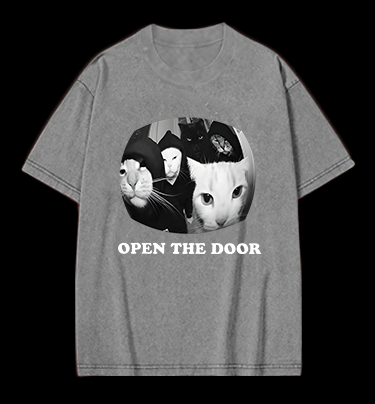 Cats Open Door Fun Vintage Washed 100% Cotton T-Shirt