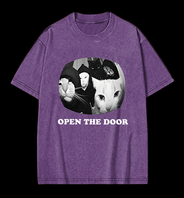 Cats Open Door Fun Vintage Washed 100% Cotton T-Shirt