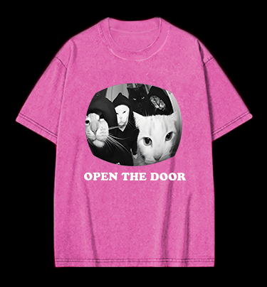 Cats Open Door Fun Vintage Washed 100% Cotton T-Shirt