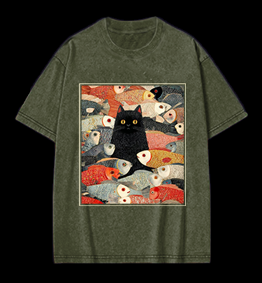 Cat & Fish Fun Vintage Washed 100% Cotton T-Shirt