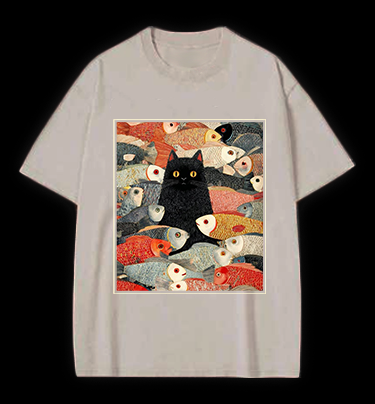 Cat & Fish Fun Vintage Washed 100% Cotton T-Shirt