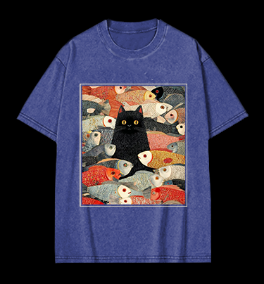 Cat & Fish Fun Vintage Washed 100% Cotton T-Shirt