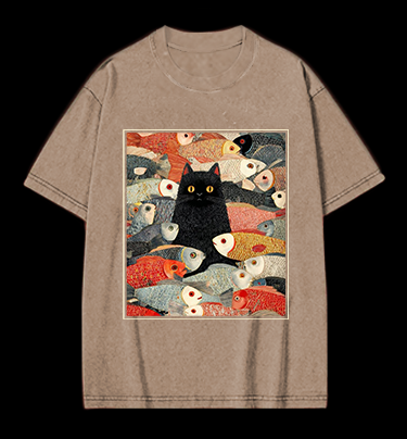 Cat & Fish Fun Vintage Washed 100% Cotton T-Shirt
