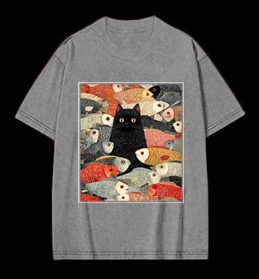 Cat & Fish Fun Vintage Washed 100% Cotton T-Shirt