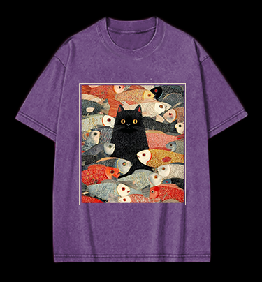 Cat & Fish Fun Vintage Washed 100% Cotton T-Shirt