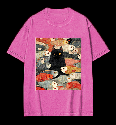 Cat & Fish Fun Vintage Washed 100% Cotton T-Shirt
