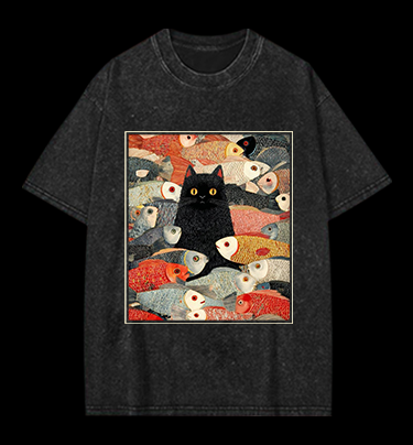 Cat & Fish Fun Vintage Washed 100% Cotton T-Shirt