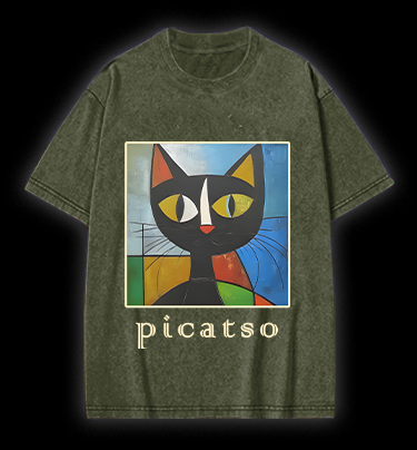 Picasso Cat Fun Vintage Washed 100% Cotton T-Shirt