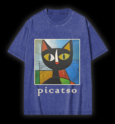 Picasso Cat Fun Vintage Washed 100% Cotton T-Shirt