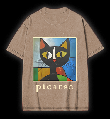 Picasso Cat Fun Vintage Washed 100% Cotton T-Shirt