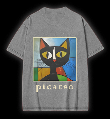 Picasso Cat Fun Vintage Washed 100% Cotton T-Shirt