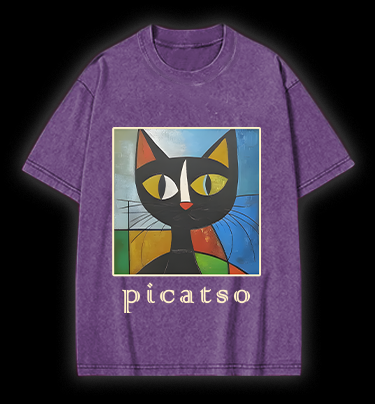 Picasso Cat Fun Vintage Washed 100% Cotton T-Shirt