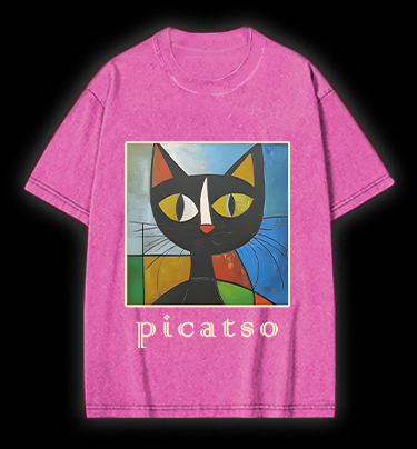 Picasso Cat Fun Vintage Washed 100% Cotton T-Shirt