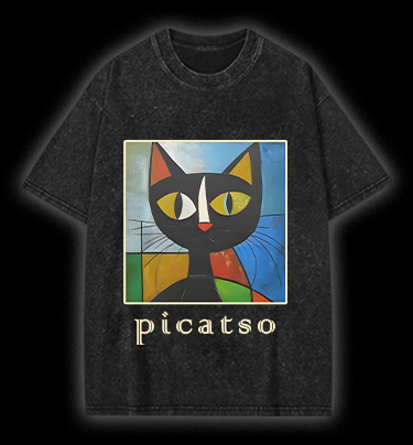 Picasso Cat Fun Vintage Washed 100% Cotton T-Shirt