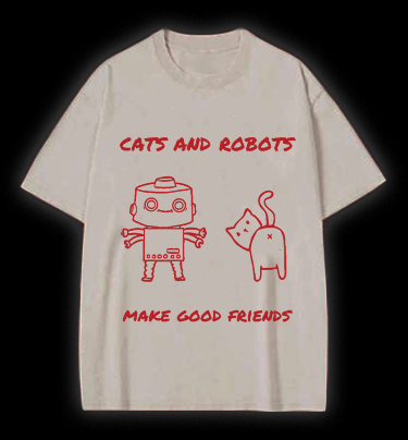 Cat & Robot Fun Vintage Washed 100% Cotton T-Shirt