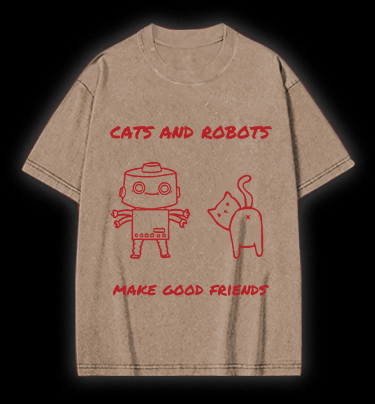 Cat & Robot Fun Vintage Washed 100% Cotton T-Shirt