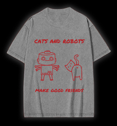 Cat & Robot Fun Vintage Washed 100% Cotton T-Shirt