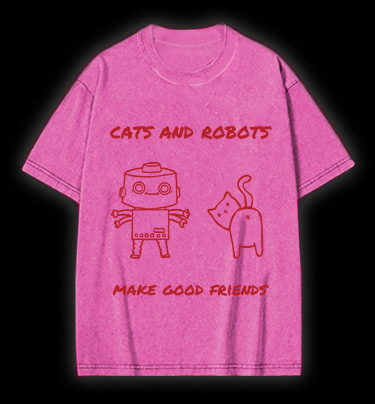 Cat & Robot Fun Vintage Washed 100% Cotton T-Shirt
