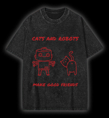 Cat & Robot Fun Vintage Washed 100% Cotton T-Shirt