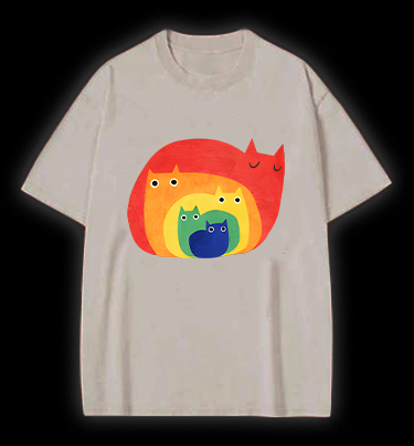 Cat's Rainbow Style Vintage Washed 100% Cotton T-Shirt
