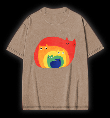 Cat's Rainbow Style Vintage Washed 100% Cotton T-Shirt