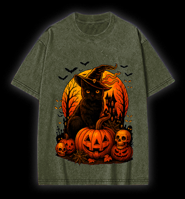 Halloween Cat Magic Vintage Washed 100% Cotton T-Shirt
